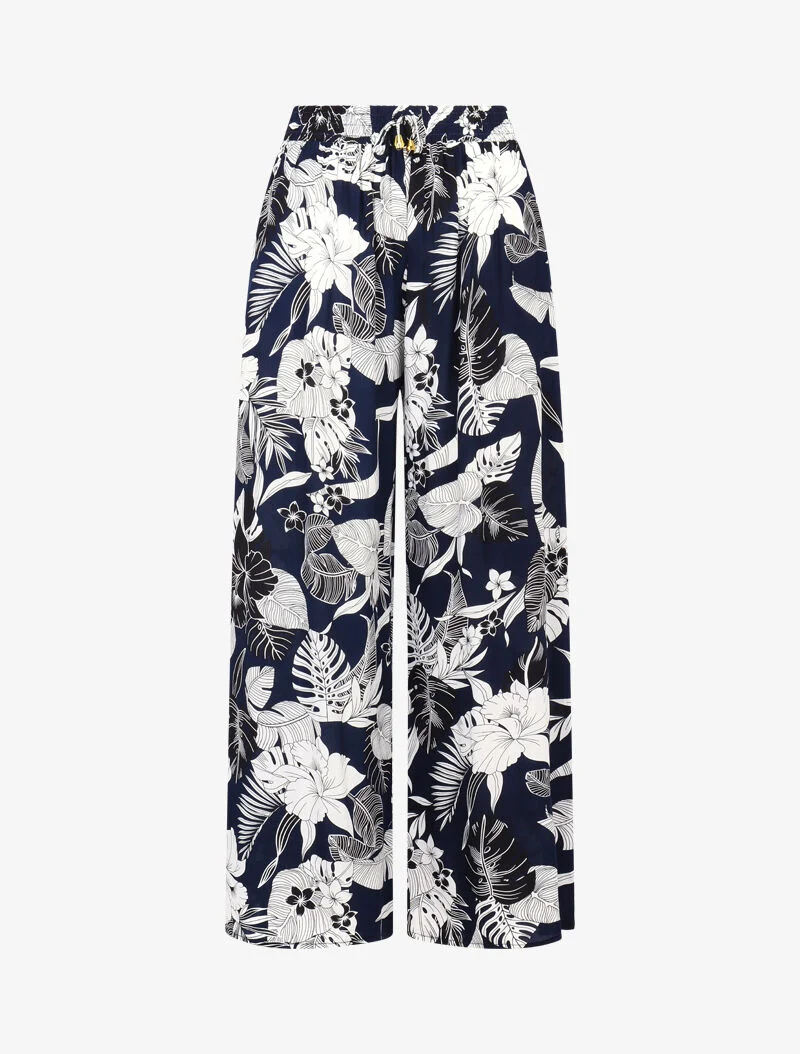 Fließende Hose mit einfarbigem tropischem Blumenmuster - Marine