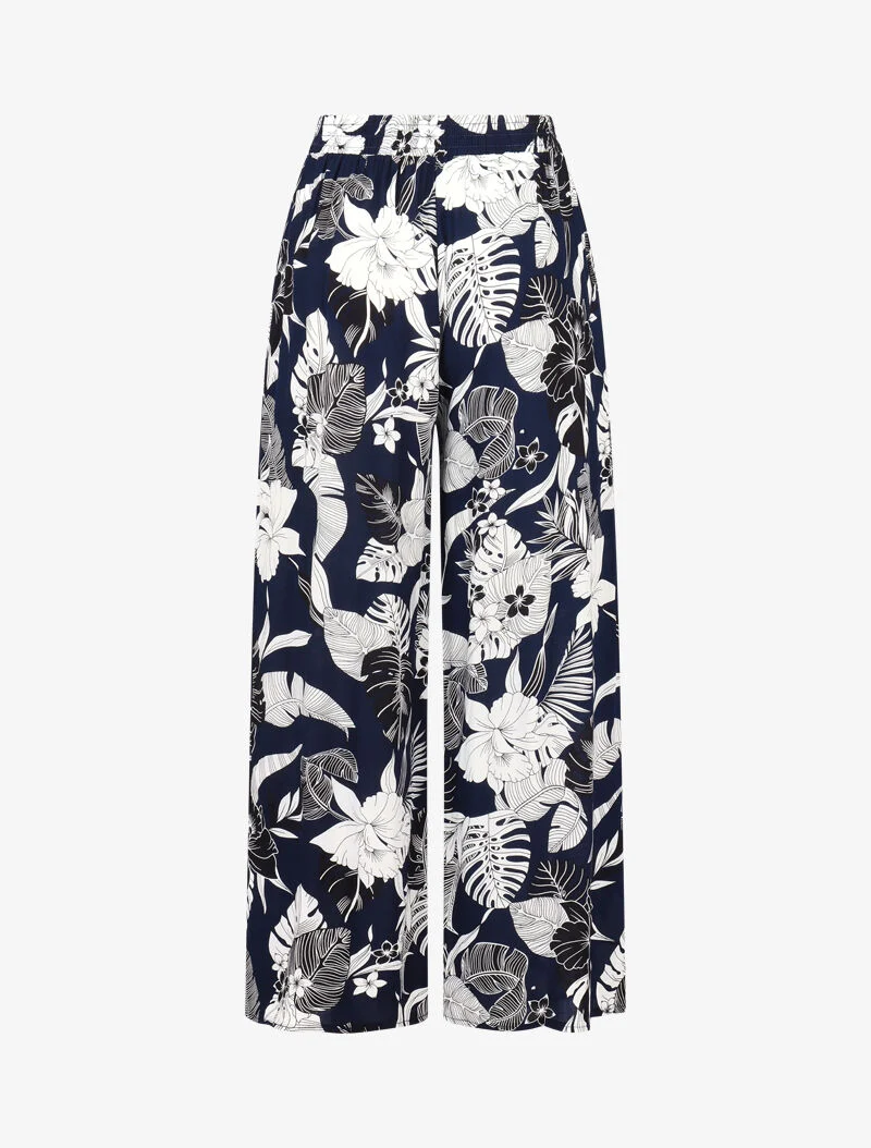 Fließende Hose mit einfarbigem tropischem Blumenmuster - Marine