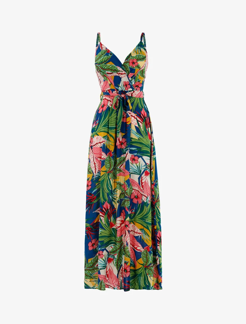 Langes Kleid mit tropischem Print - blau