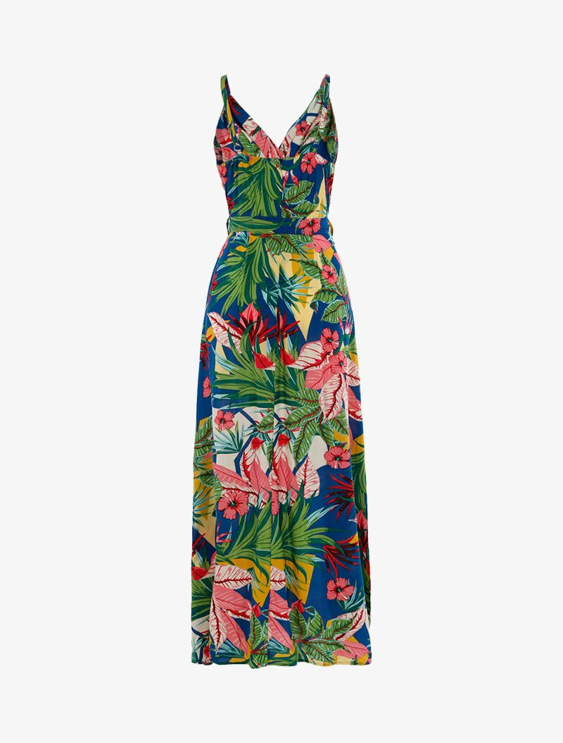 Langes Kleid mit tropischem Print - blau