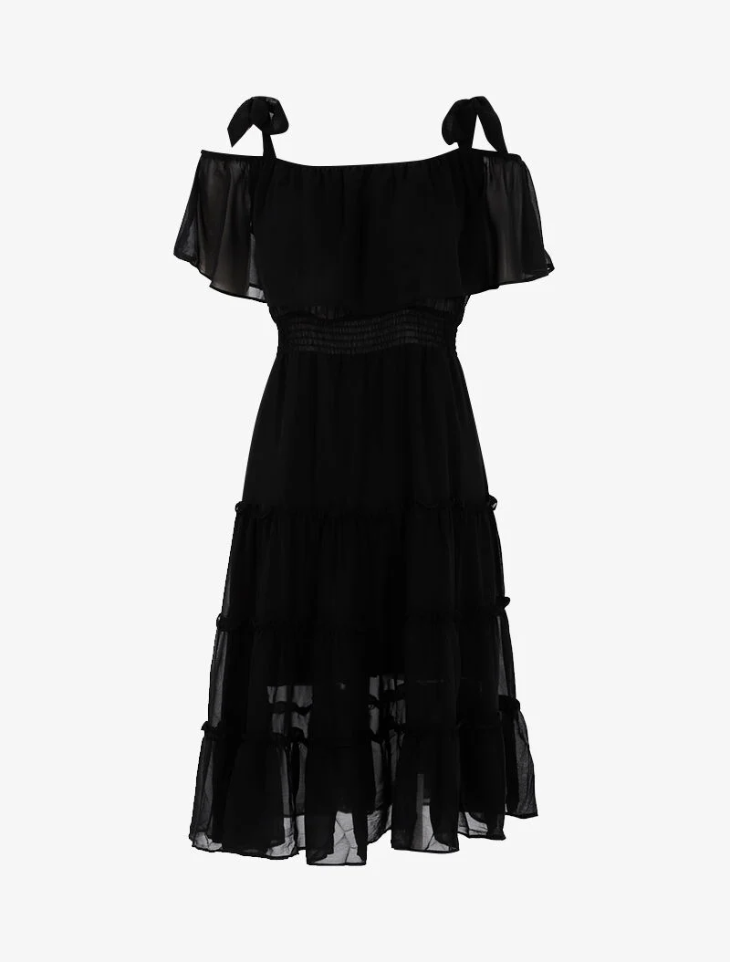Schulterfreies Kleid mit Rüschen - schwarz
