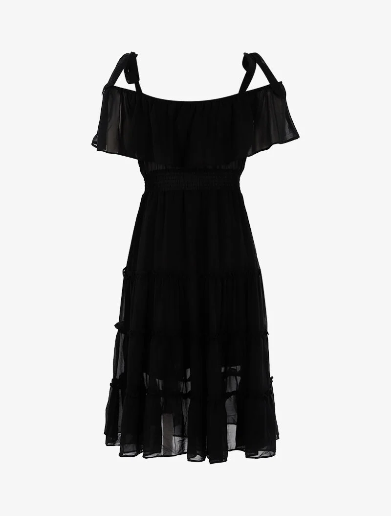 Schulterfreies Kleid mit Rüschen - schwarz