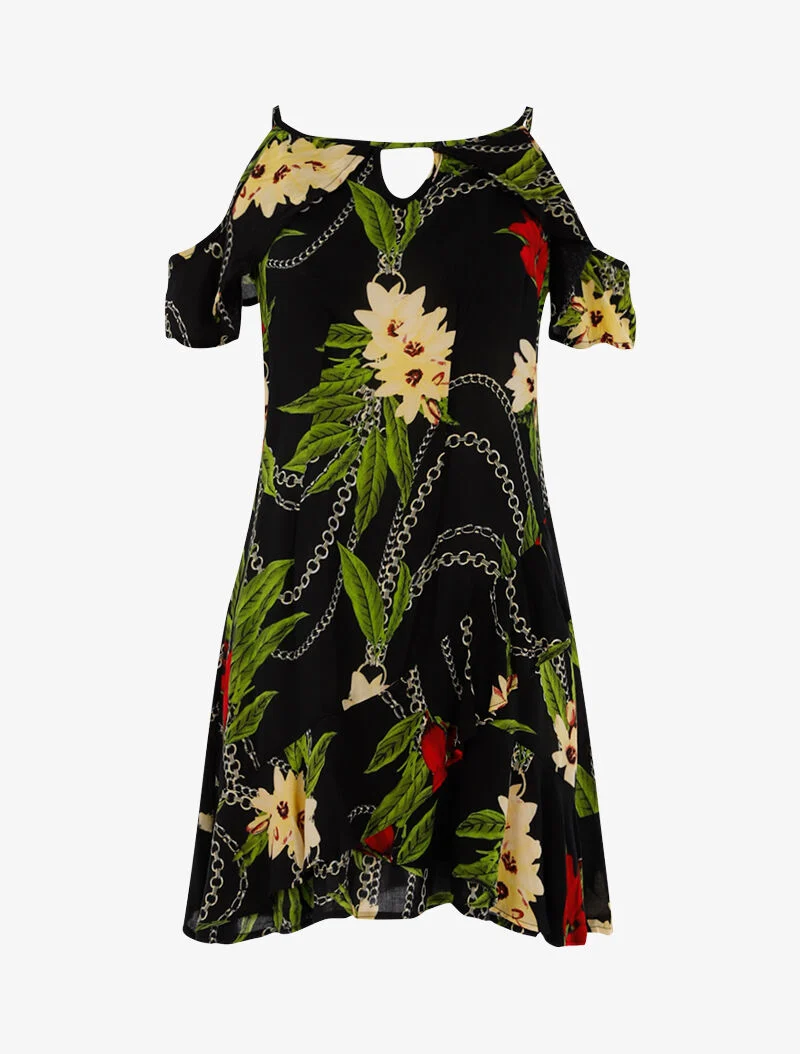 Leichtes Kleid mit Blumenmuster und Ketten - schwarz