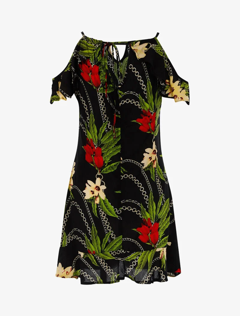 Leichtes Kleid mit Blumenmuster und Ketten - schwarz