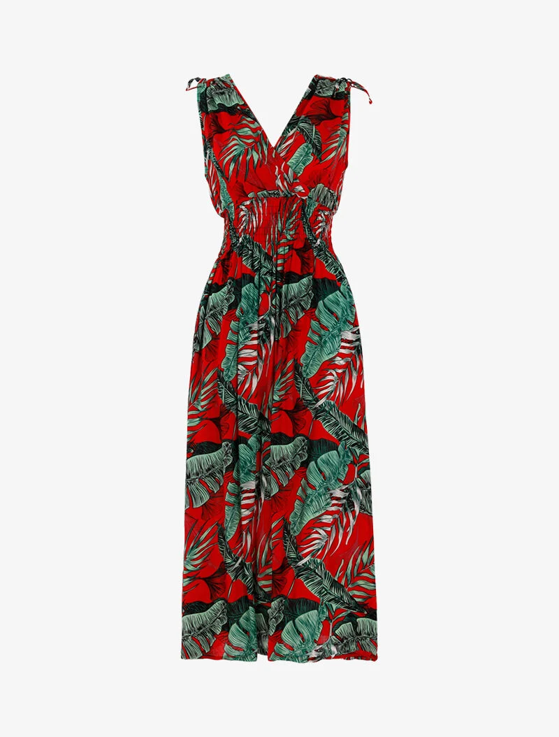 Wickelkleid mit tropischem Print. - Rot