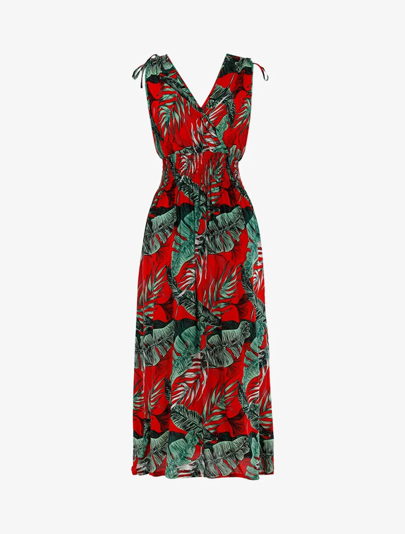Wickelkleid mit tropischem Print. - Rot