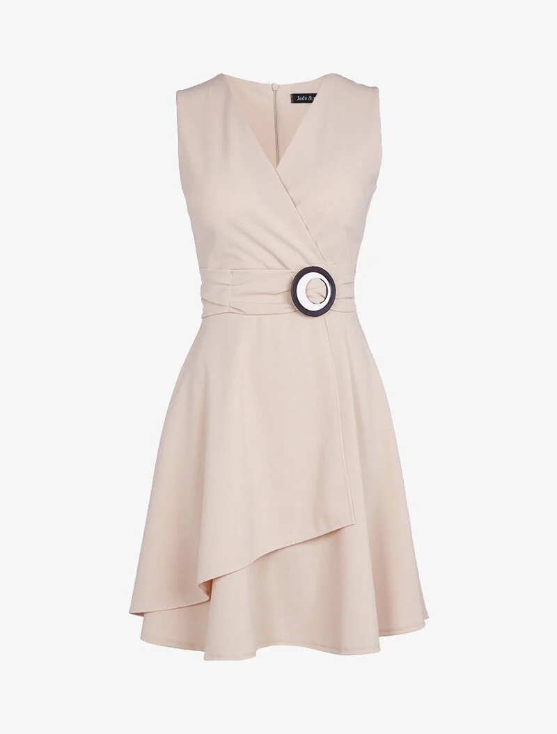 Skaterkleid mit kontrastierendem Gürtel - rosébeige