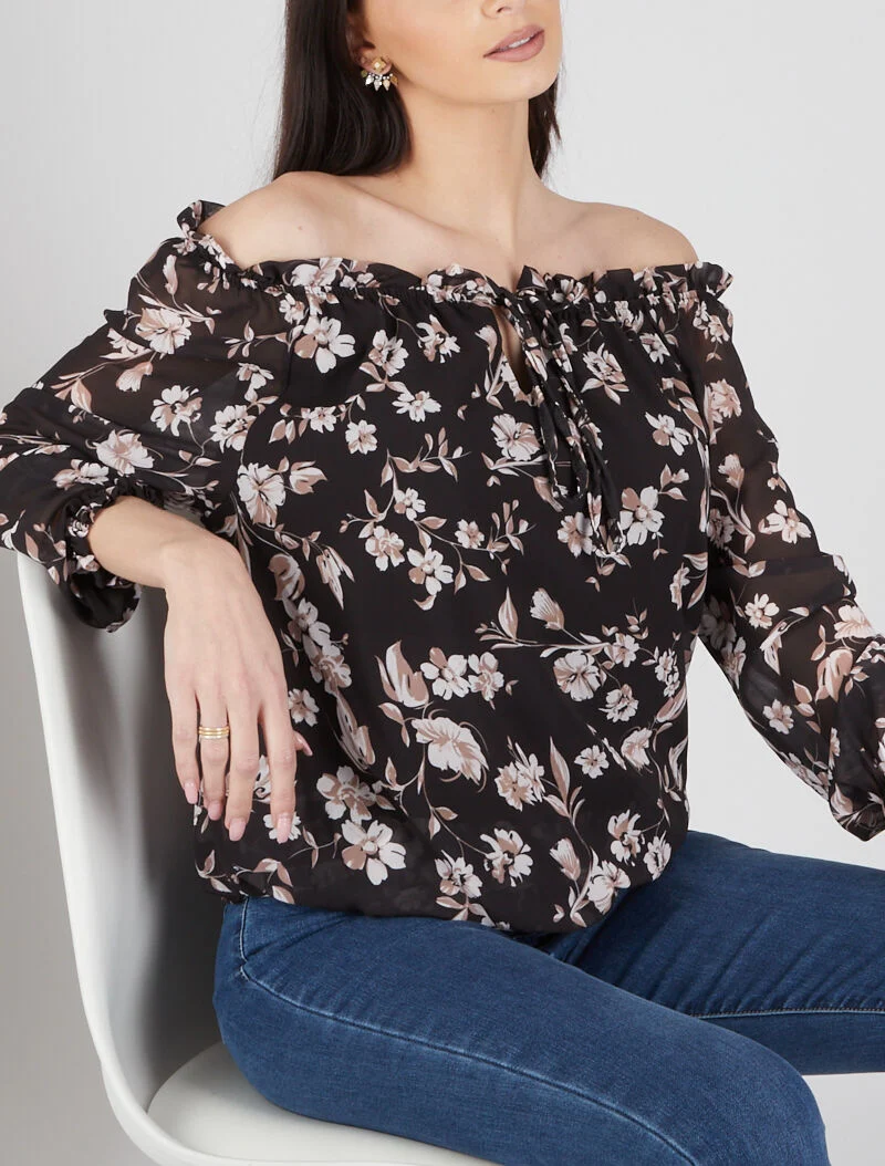 Schulterfreie Bluse mit Blumenmuster - schwarz