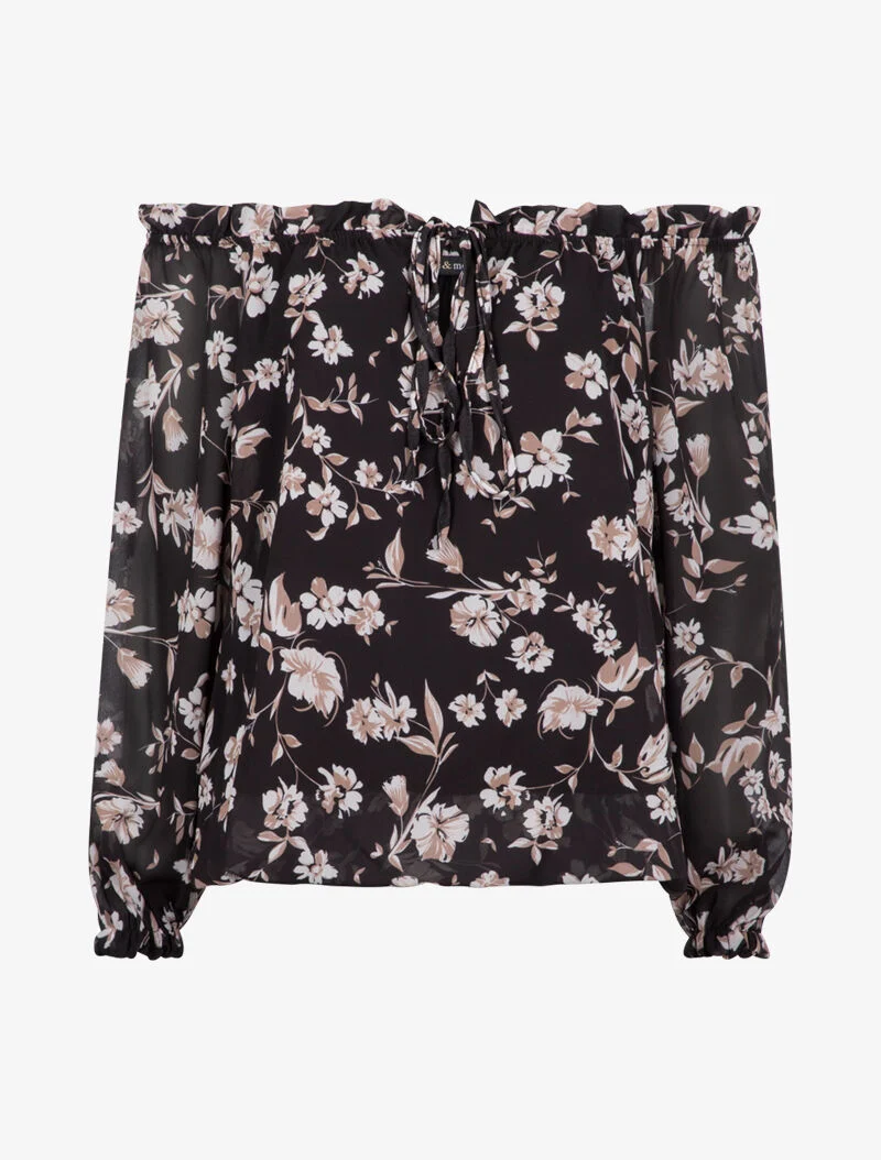 Schulterfreie Bluse mit Blumenmuster - schwarz