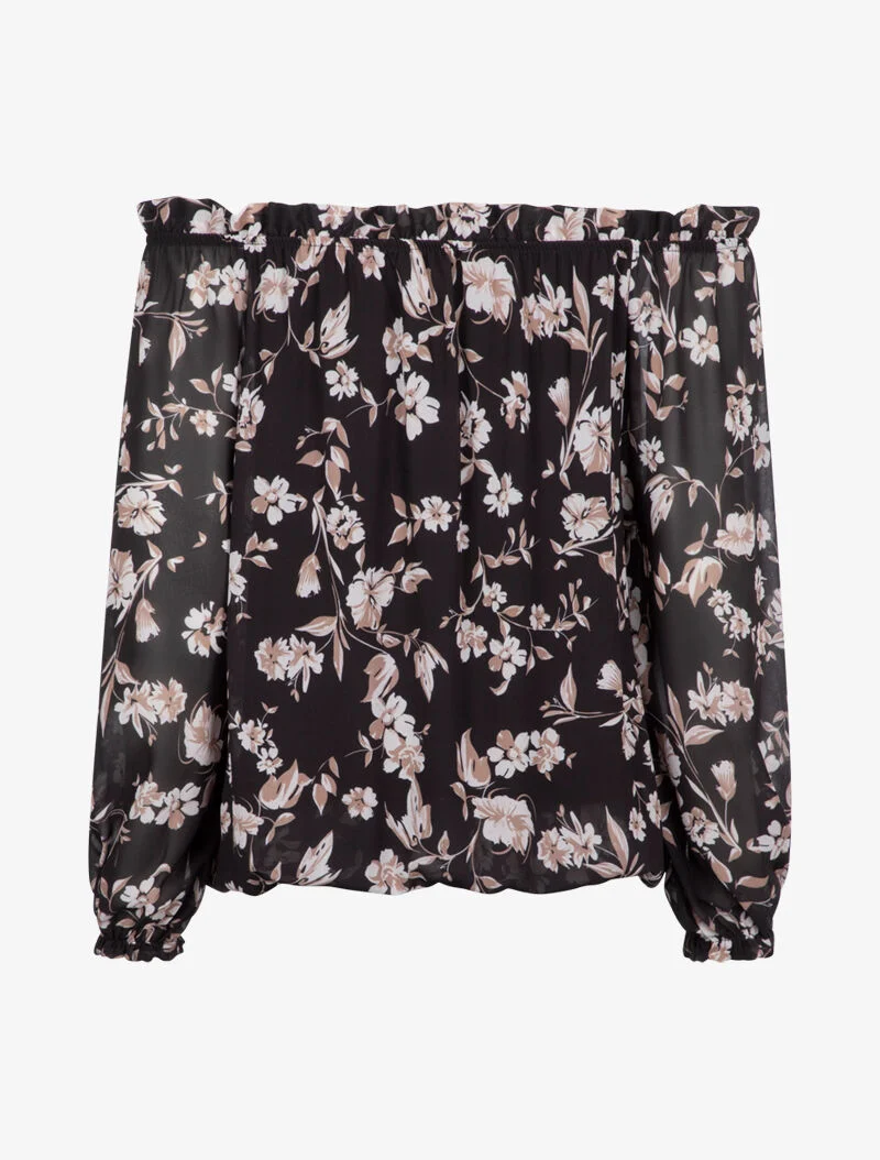 Schulterfreie Bluse mit Blumenmuster - schwarz