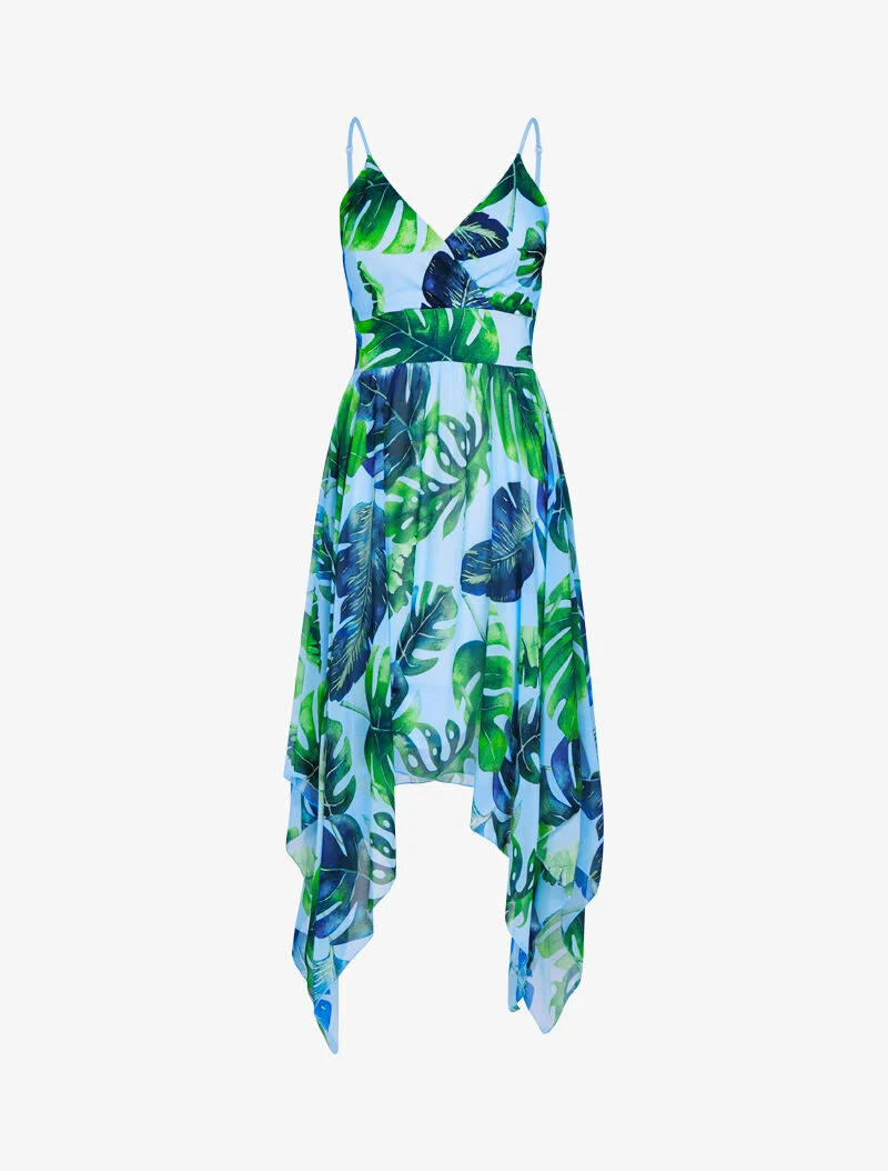 Asymmetrisches Kleid mit tropischem Print - Himmelblau