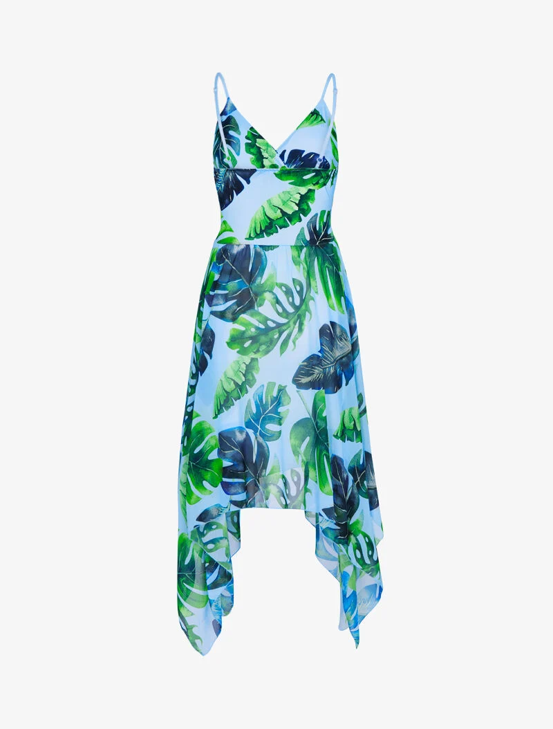 Asymmetrisches Kleid mit tropischem Print - Himmelblau