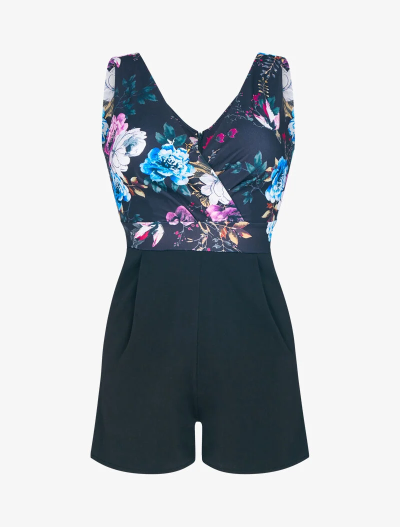 Blumenbedruckter Jumpsuit mit Oberteil - schwarz