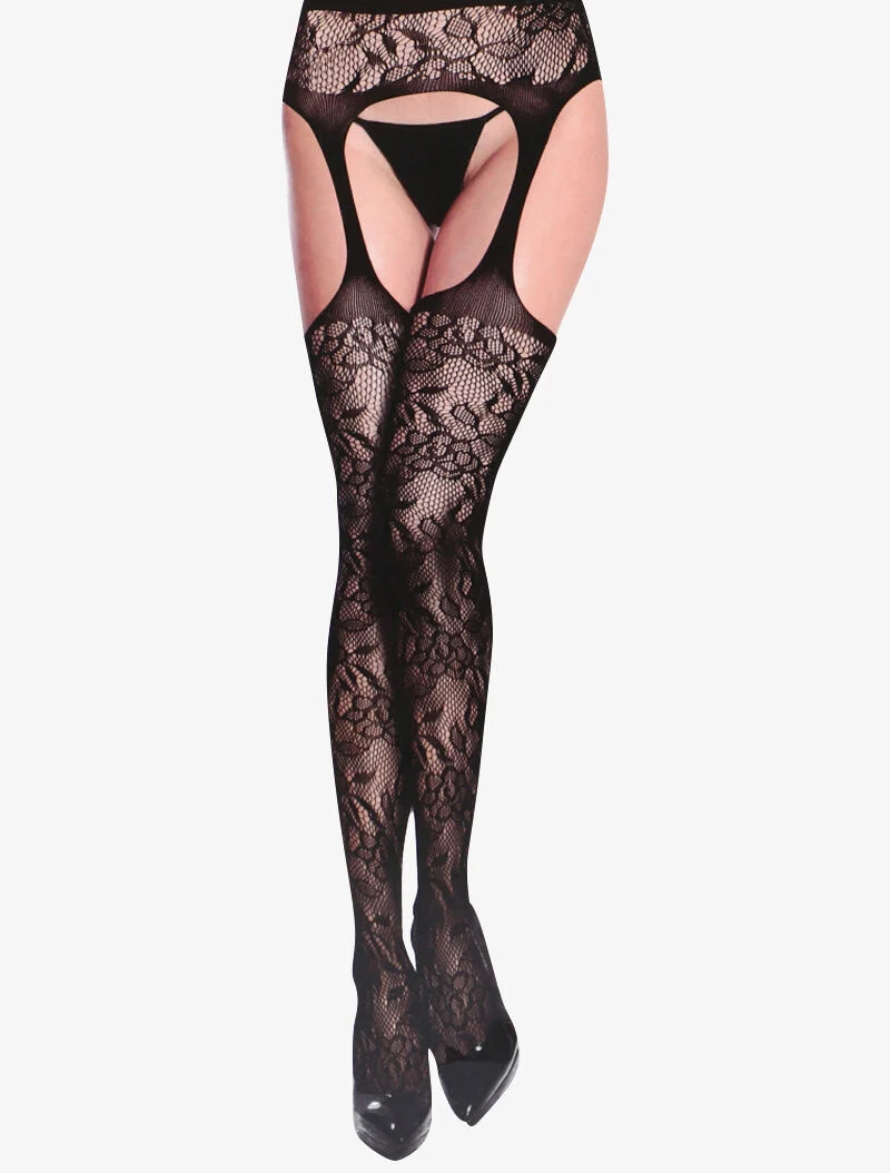 Florale Spitzenstrumpfhose mit offenem Schritt - schwarz