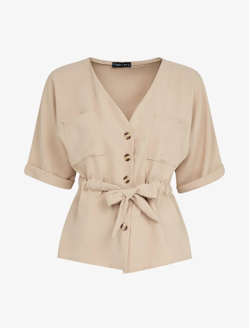 Peplum-Top mit Knopfleiste - Kamel