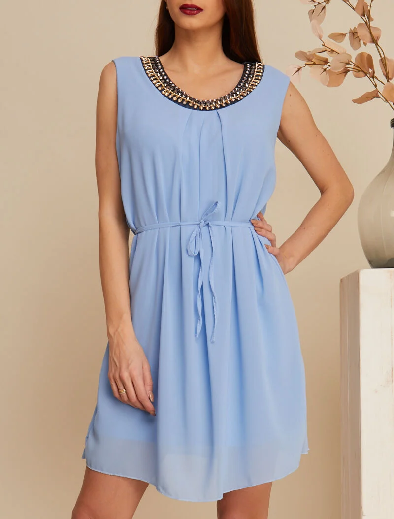 Kleid in A-Linie mit Schmuckkragen - Himmelblau