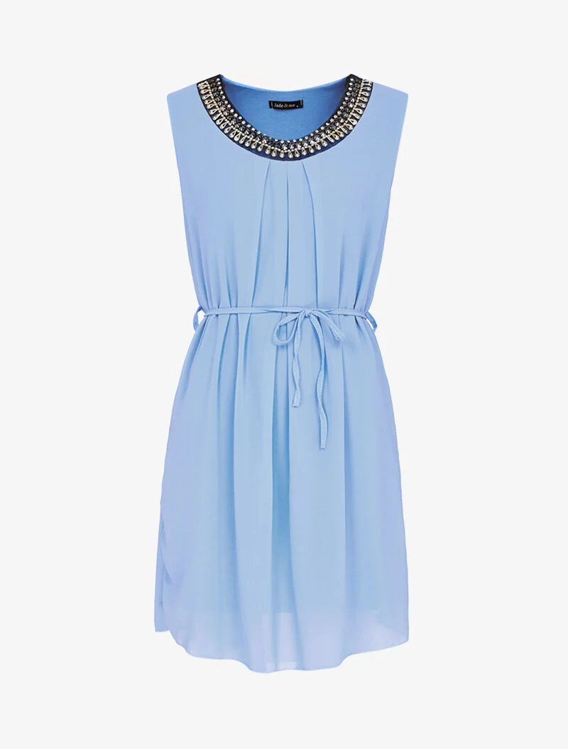 Kleid in A-Linie mit Schmuckkragen - Himmelblau
