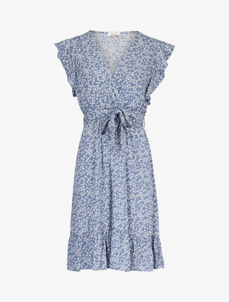 Leichtes Kleid mit Rüschenkanten und Druckmuster - blau
