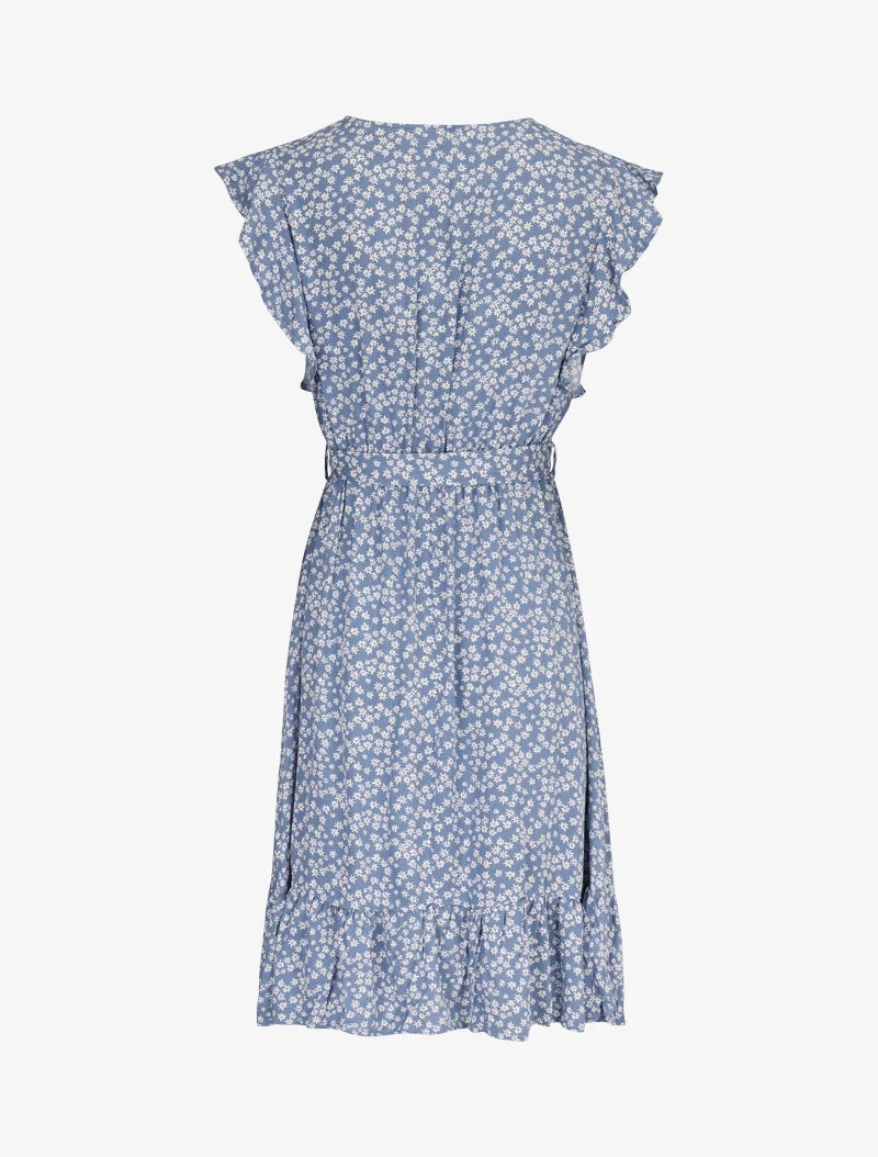 Leichtes Kleid mit Rüschenkanten und Druckmuster - blau