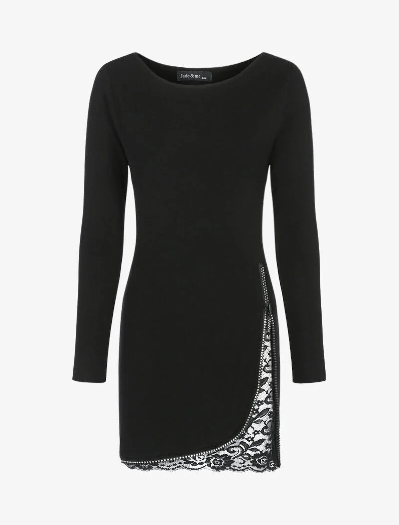 Strickkleid mit Strassreißverschluss und Spitze - schwarz