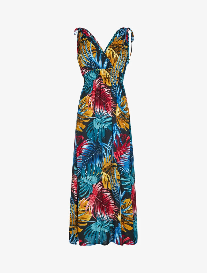 Ärmelloses Kleid mit tropischem Print - schwarz