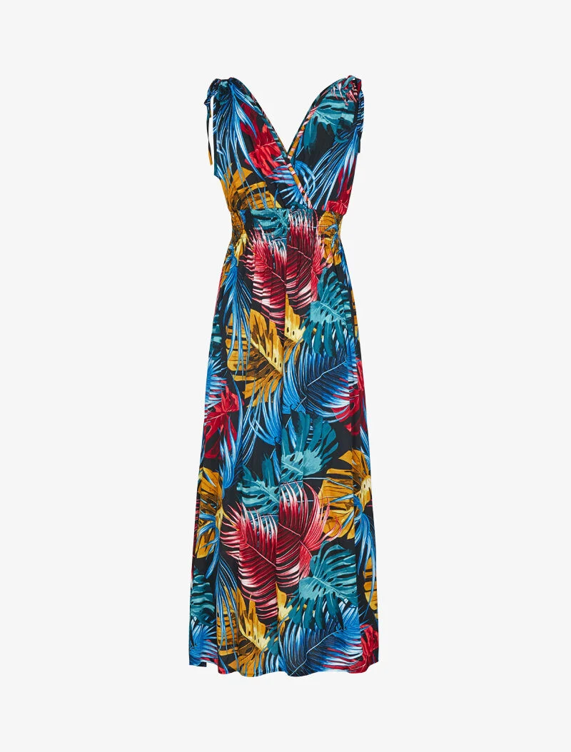 Ärmelloses Kleid mit tropischem Print - schwarz