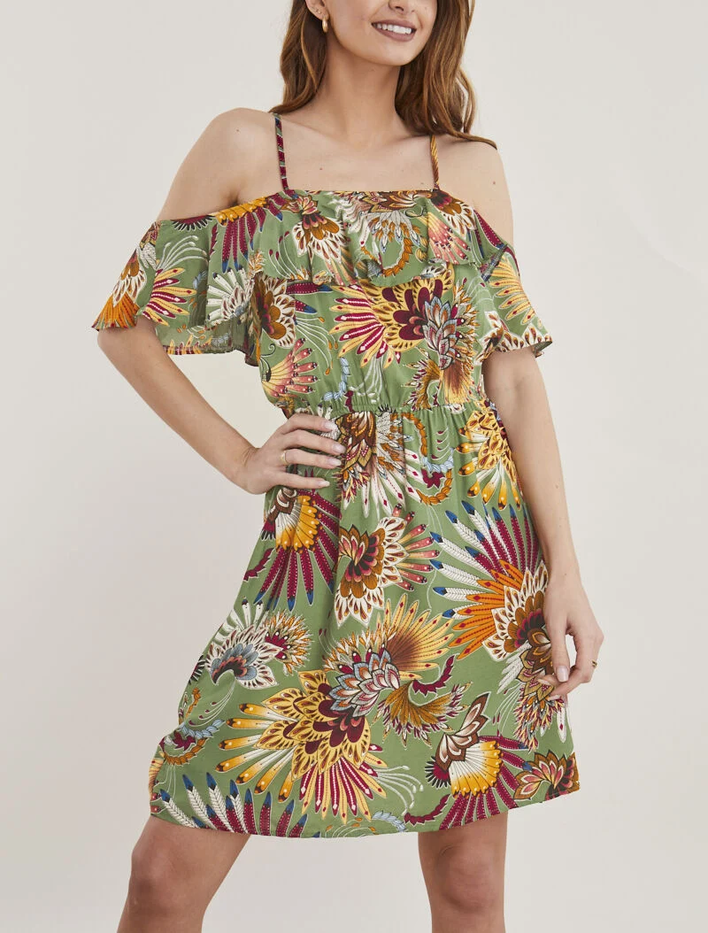 Schulterfreies Kleid - Kaki