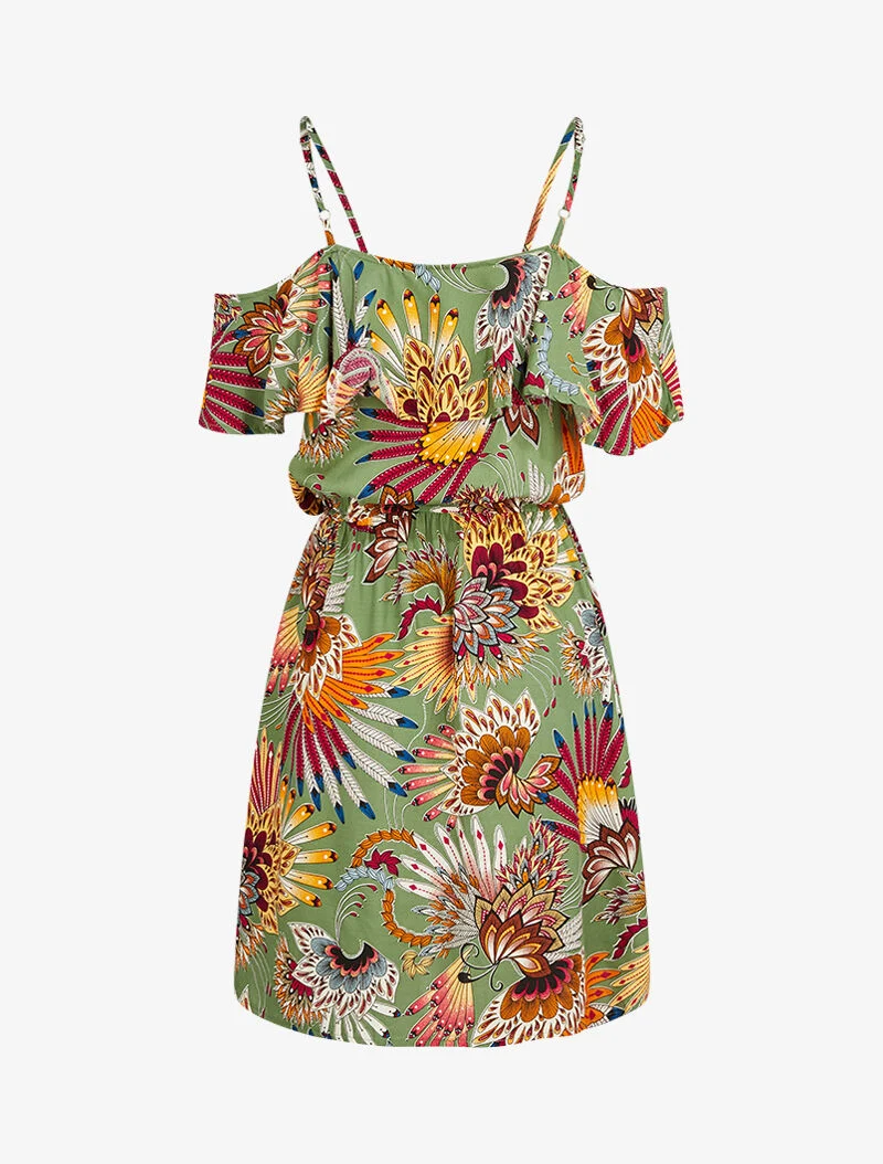 Schulterfreies Kleid - Kaki