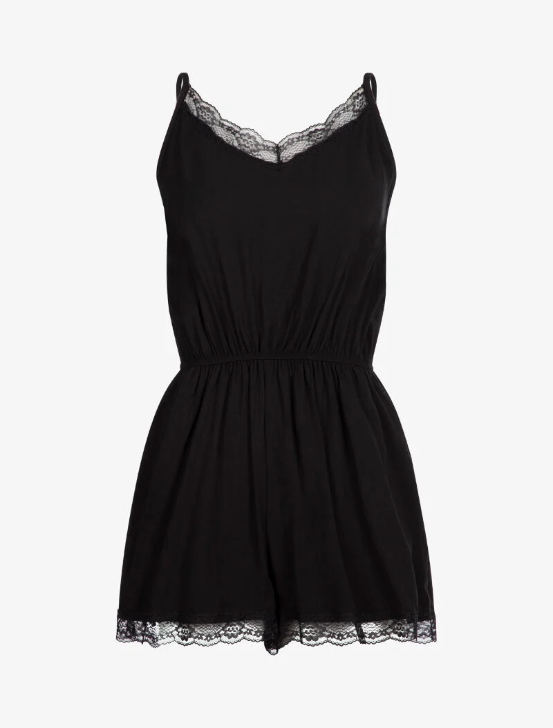 Einfarbiger Jumpsuit mit Spitzenkanten - schwarz