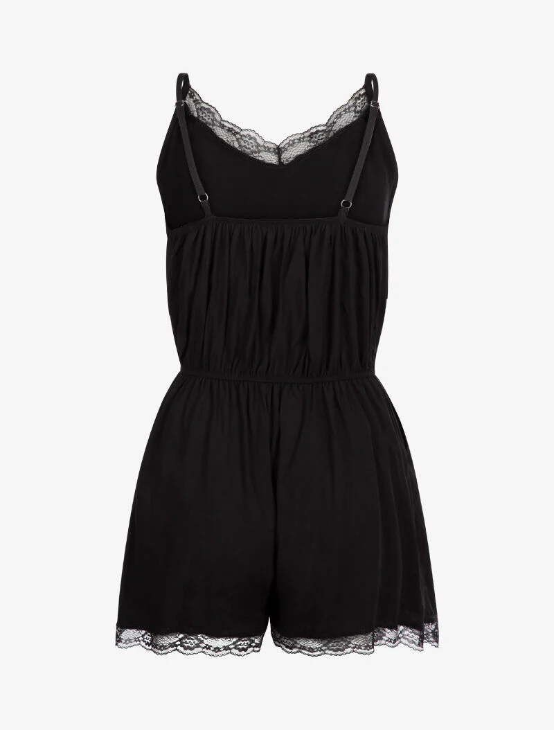 Einfarbiger Jumpsuit mit Spitzenkanten - schwarz