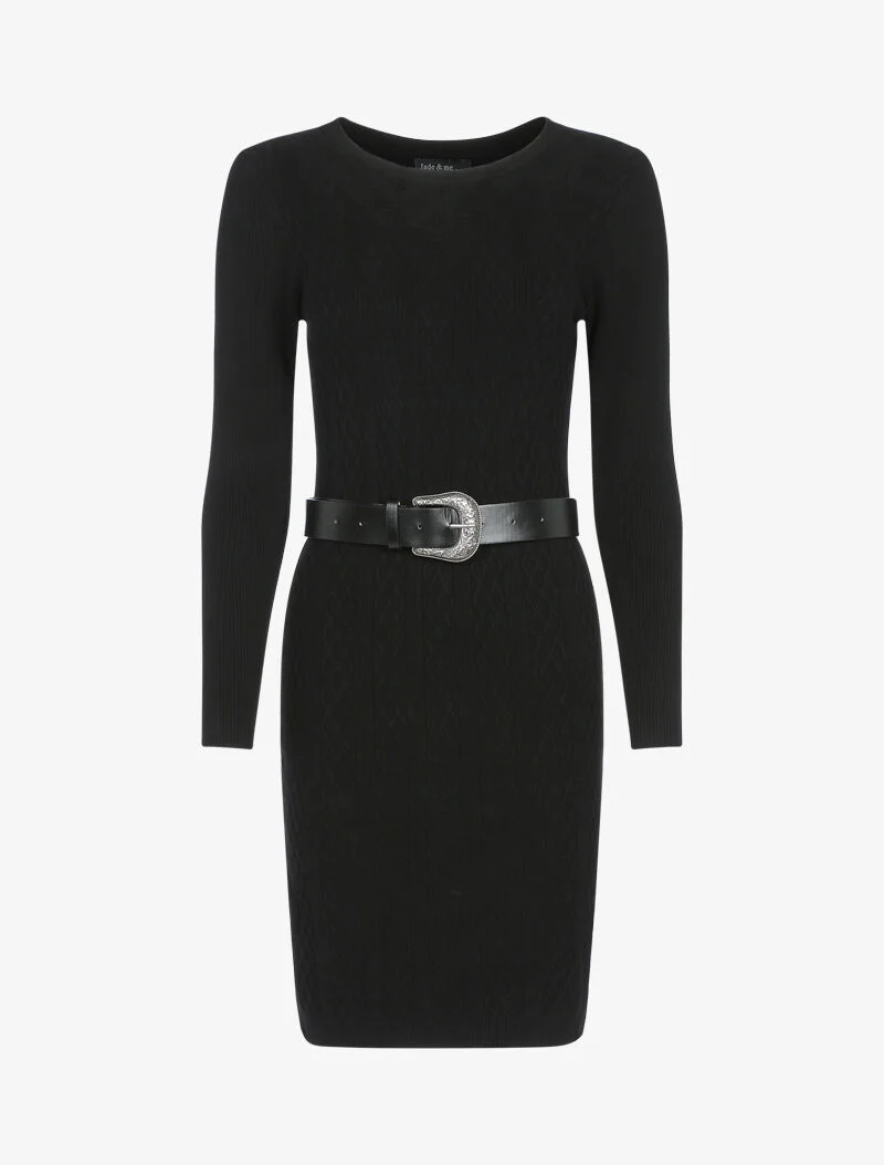 Geripptes Strickkleid mit geometrischen Details - schwarz
