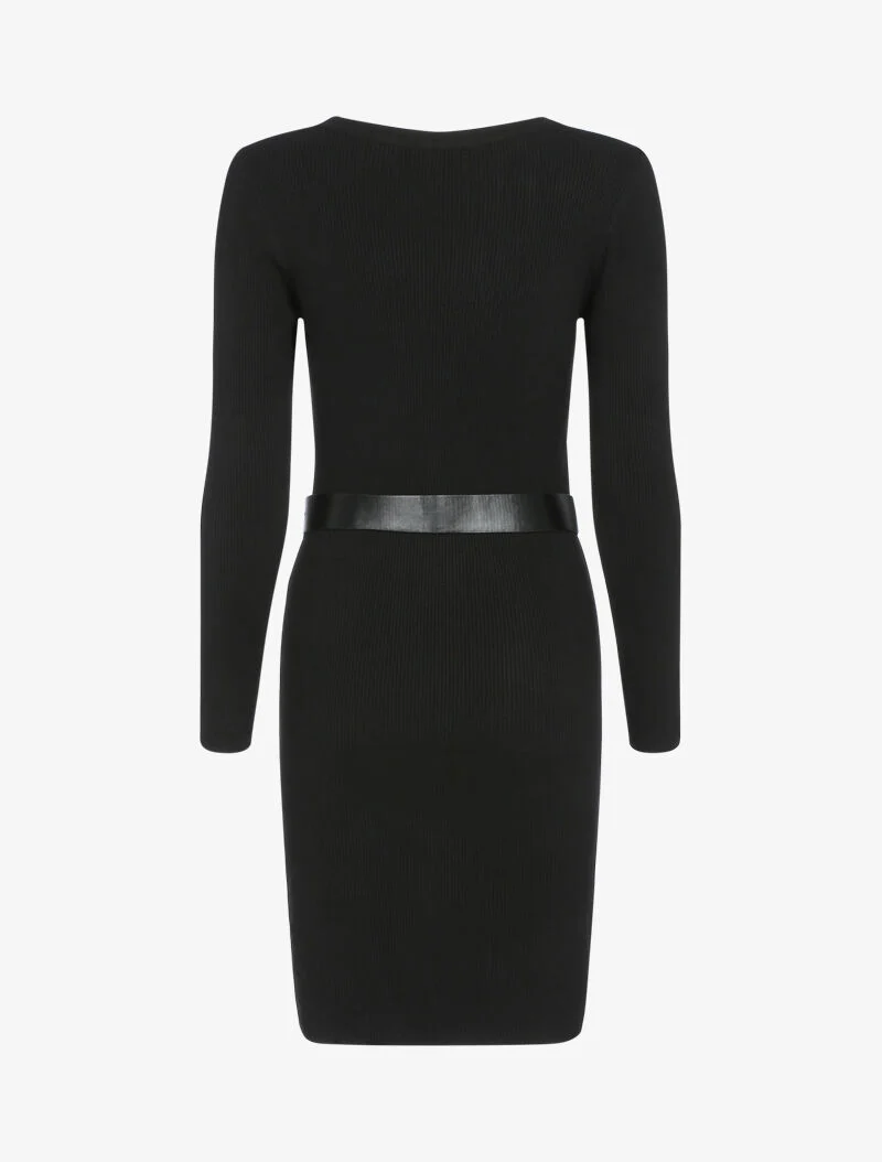 Geripptes Strickkleid mit geometrischen Details - schwarz
