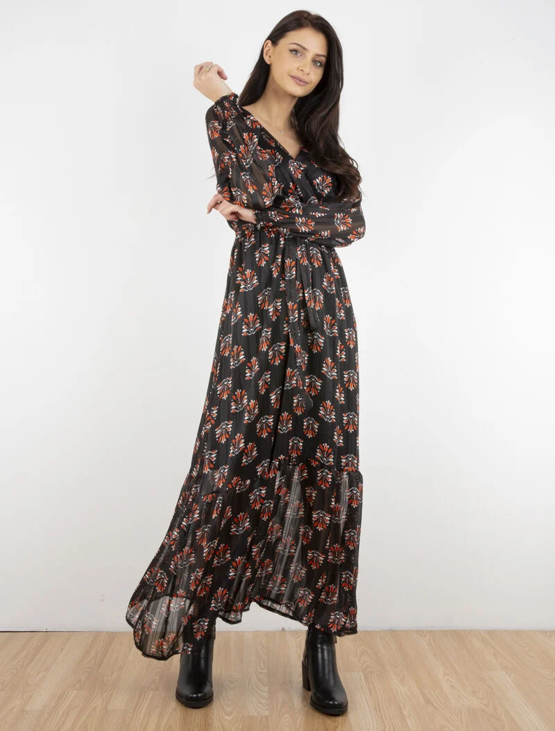 Langes Wickelkleid mit abstraktem Blumenmuster - schwarz