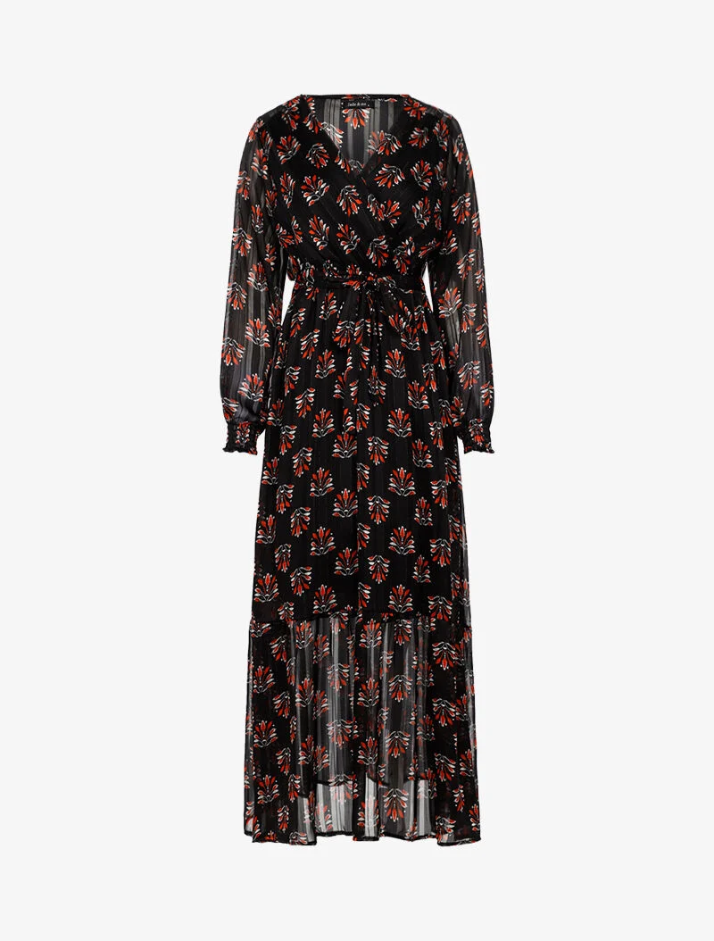 Langes Wickelkleid mit abstraktem Blumenmuster - schwarz