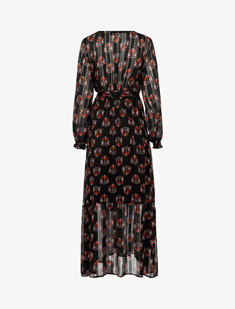 Langes Wickelkleid mit abstraktem Blumenmuster - schwarz