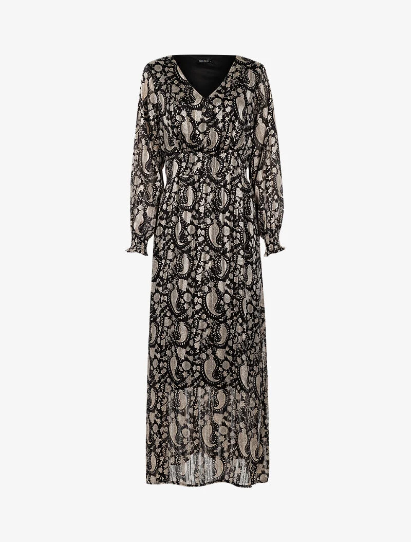 Langes Kleid mit betonter Taille und Paisleymuster. - schwarz