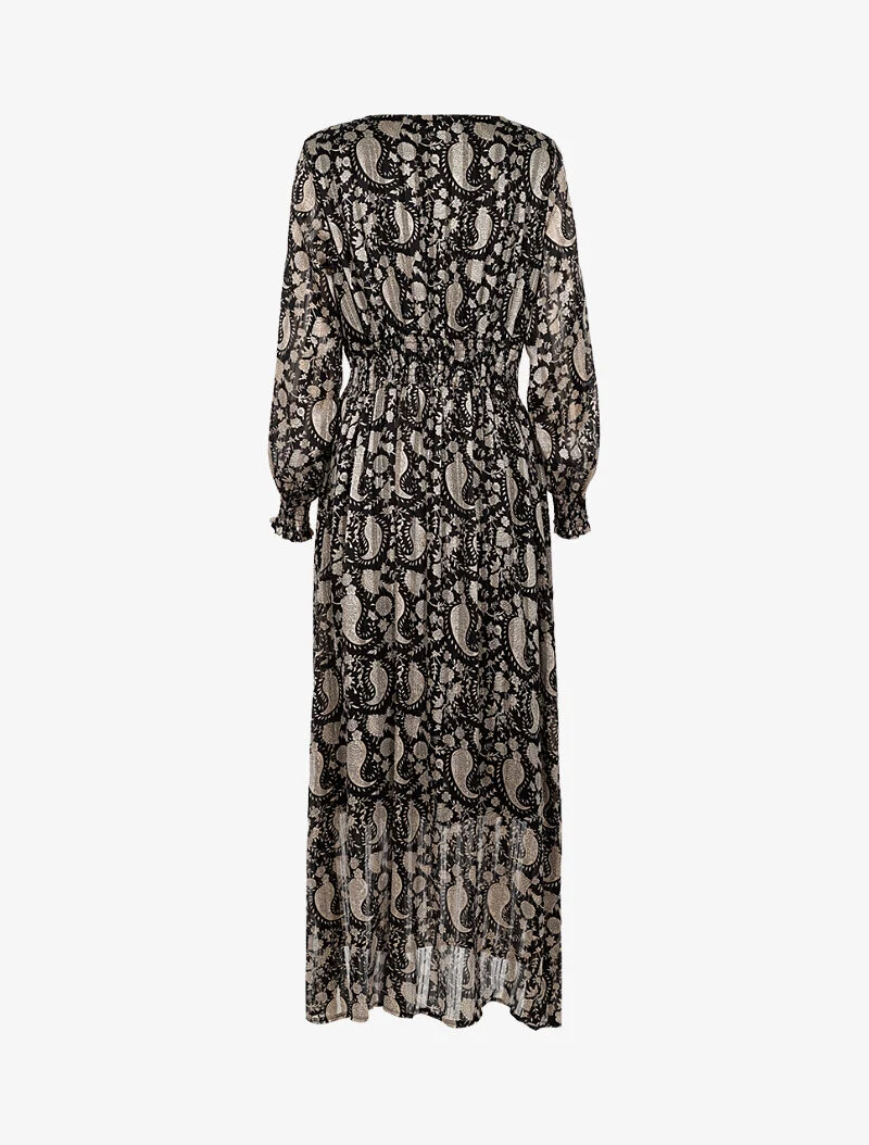 Langes Kleid mit betonter Taille und Paisleymuster. - schwarz