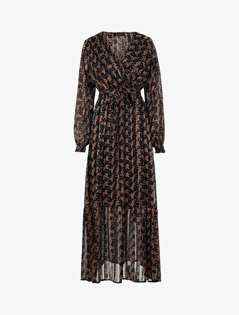 Langes Wickelkleid mit Paisley-Muster - schwarz