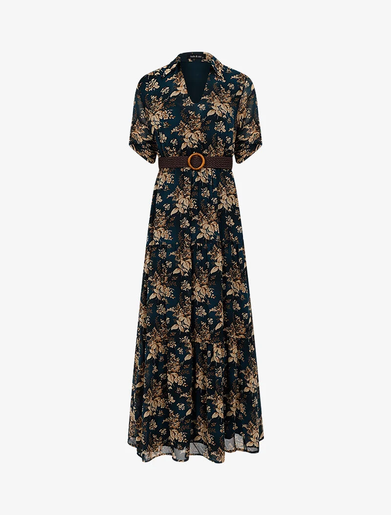 Langes Kleid mit Blätterdruck - Petrol - petrolblau