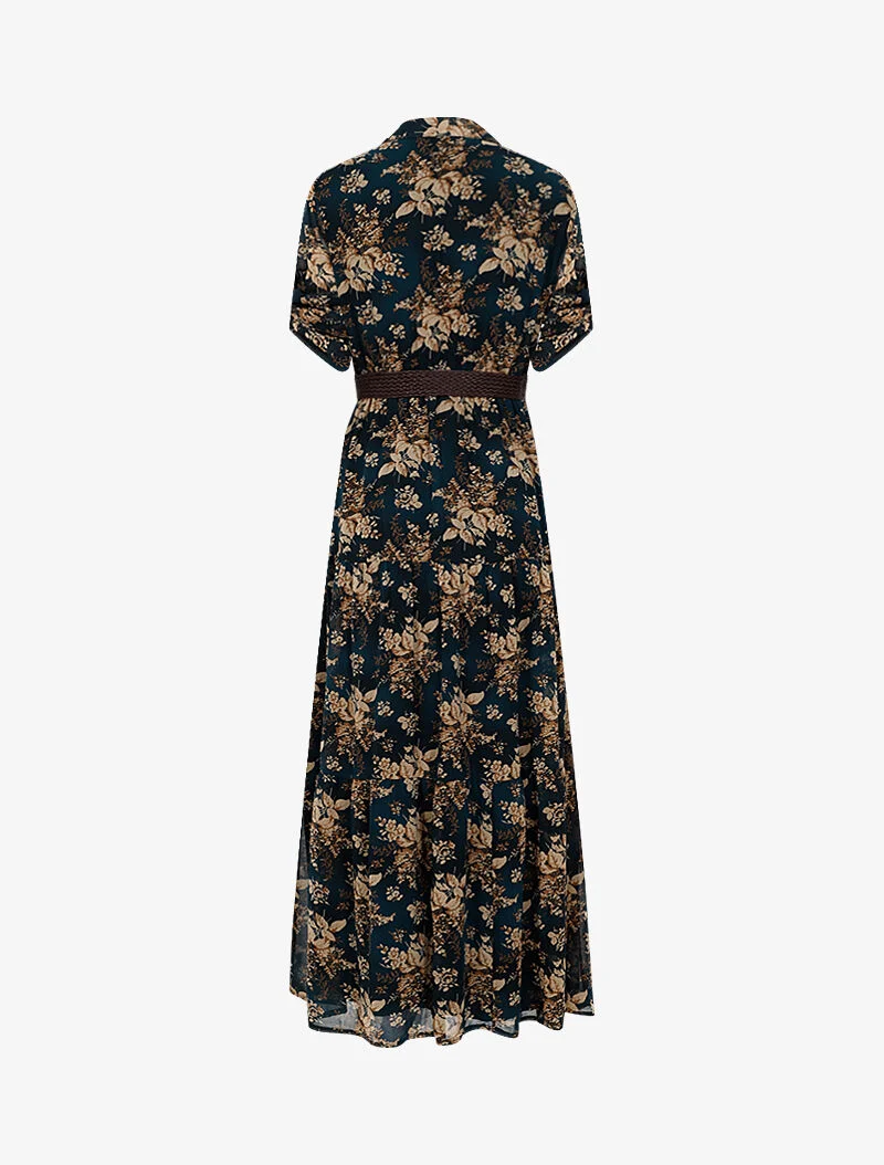 Langes Kleid mit Blätterdruck - Petrol - petrolblau