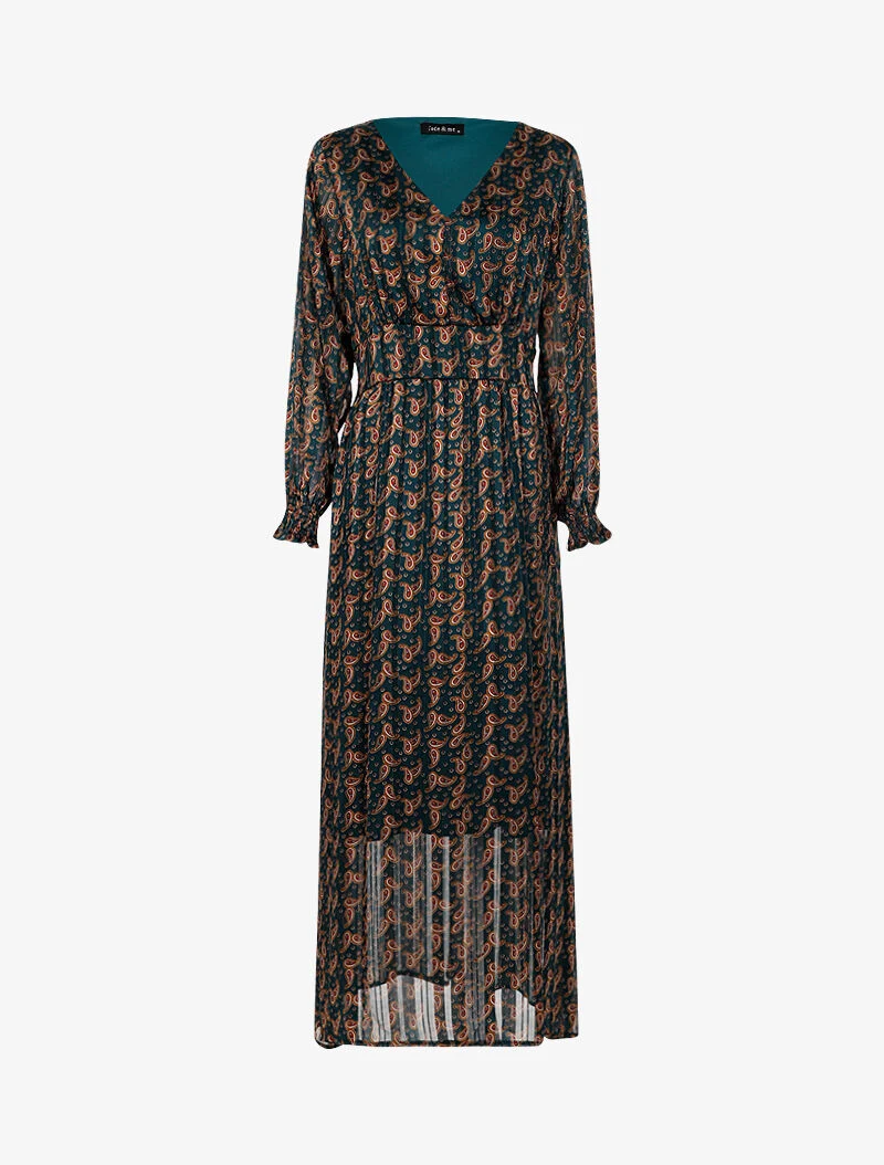Langes Kleid mit betonter Taille und Paisleymuster. - Grün
