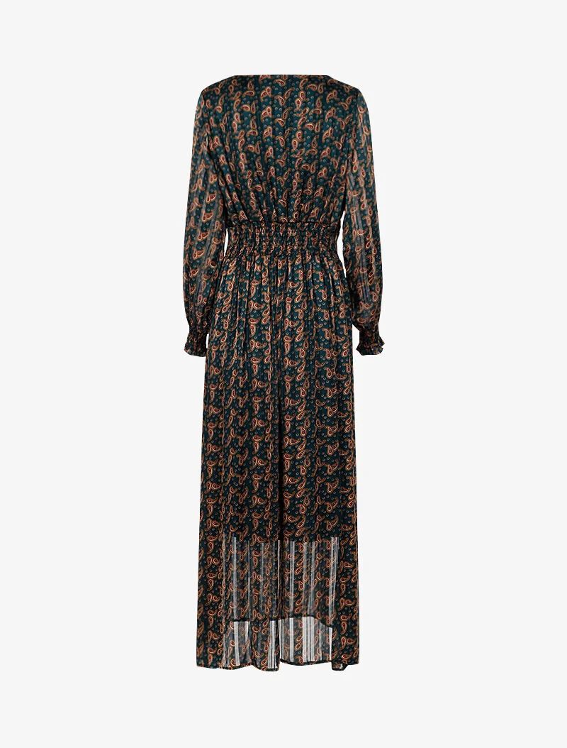 Langes Kleid mit betonter Taille und Paisleymuster. - Grün