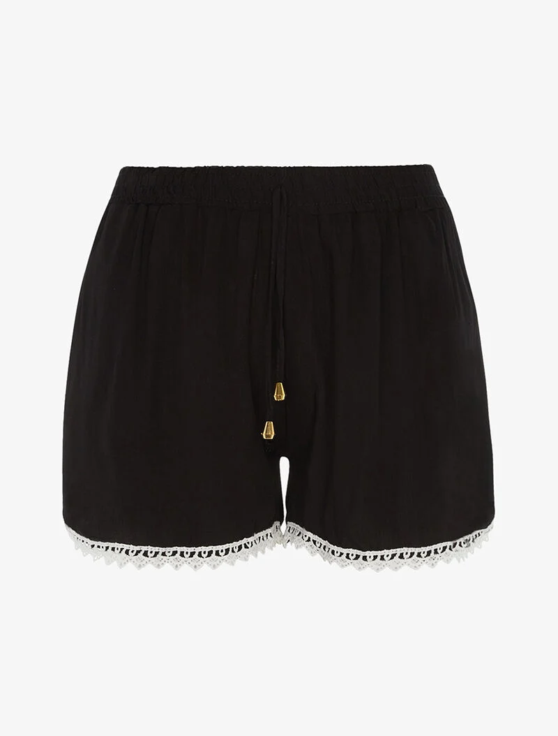 Einfarbige Shorts mit Häkelsaum - schwarz