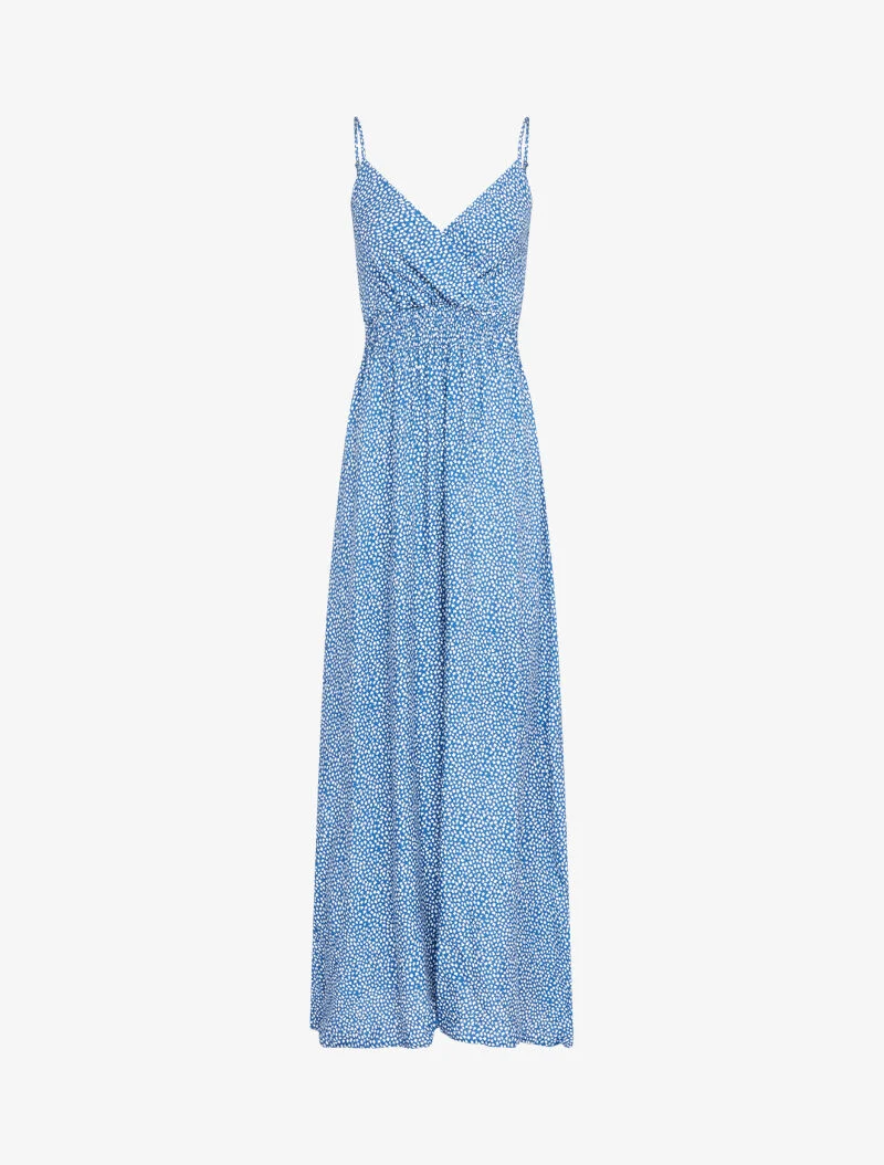 Langes Kleid mit Blätterdruck - blaues Karren