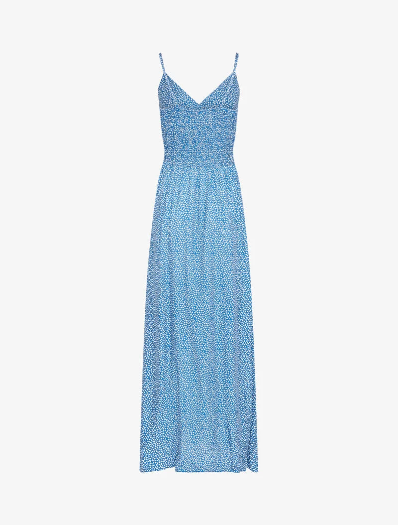 Langes Kleid mit Blätterdruck - blaues Karren