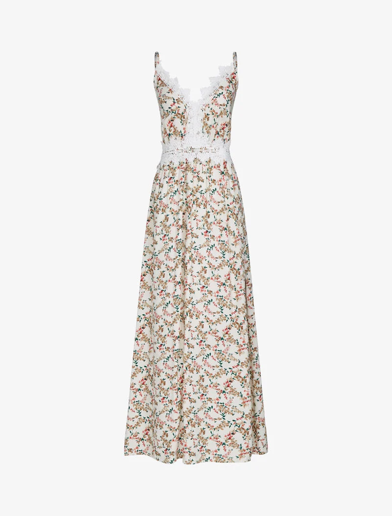 Geblümtes Kleid mit Häkel-Details - beige