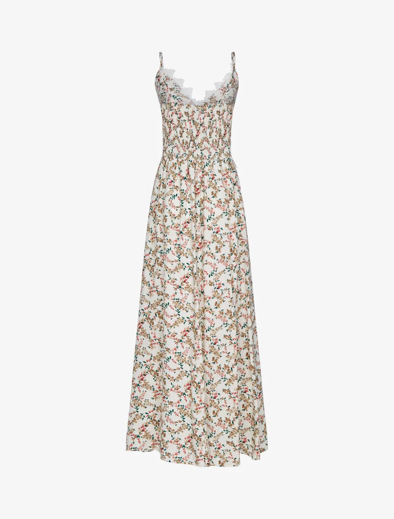 Geblümtes Kleid mit Häkel-Details - beige