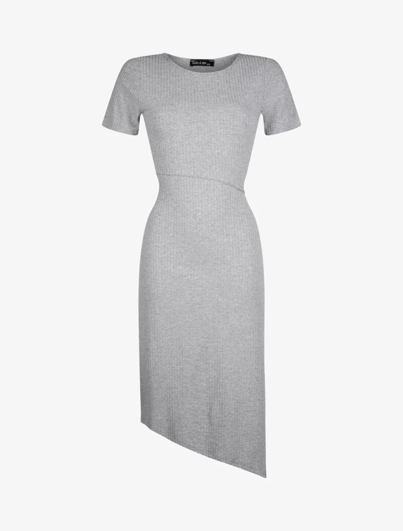 Geripptes Kleid mit Gürtel - Hellgrau