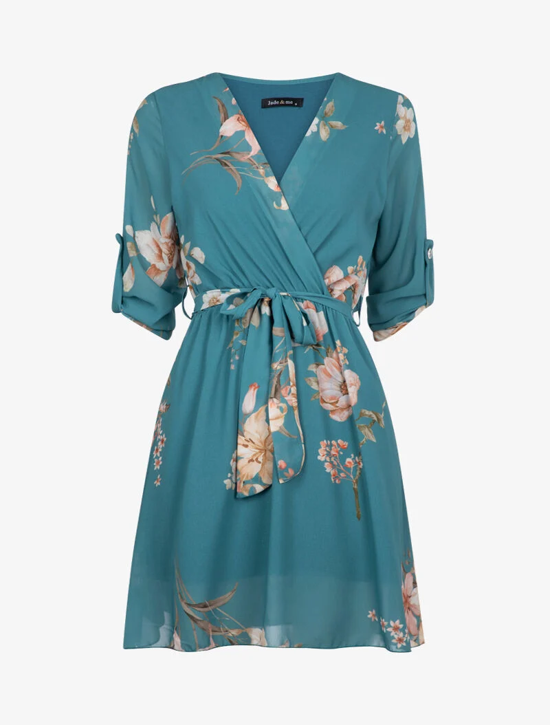 Wickelkleid mit Frühlingsmuster - Türkis