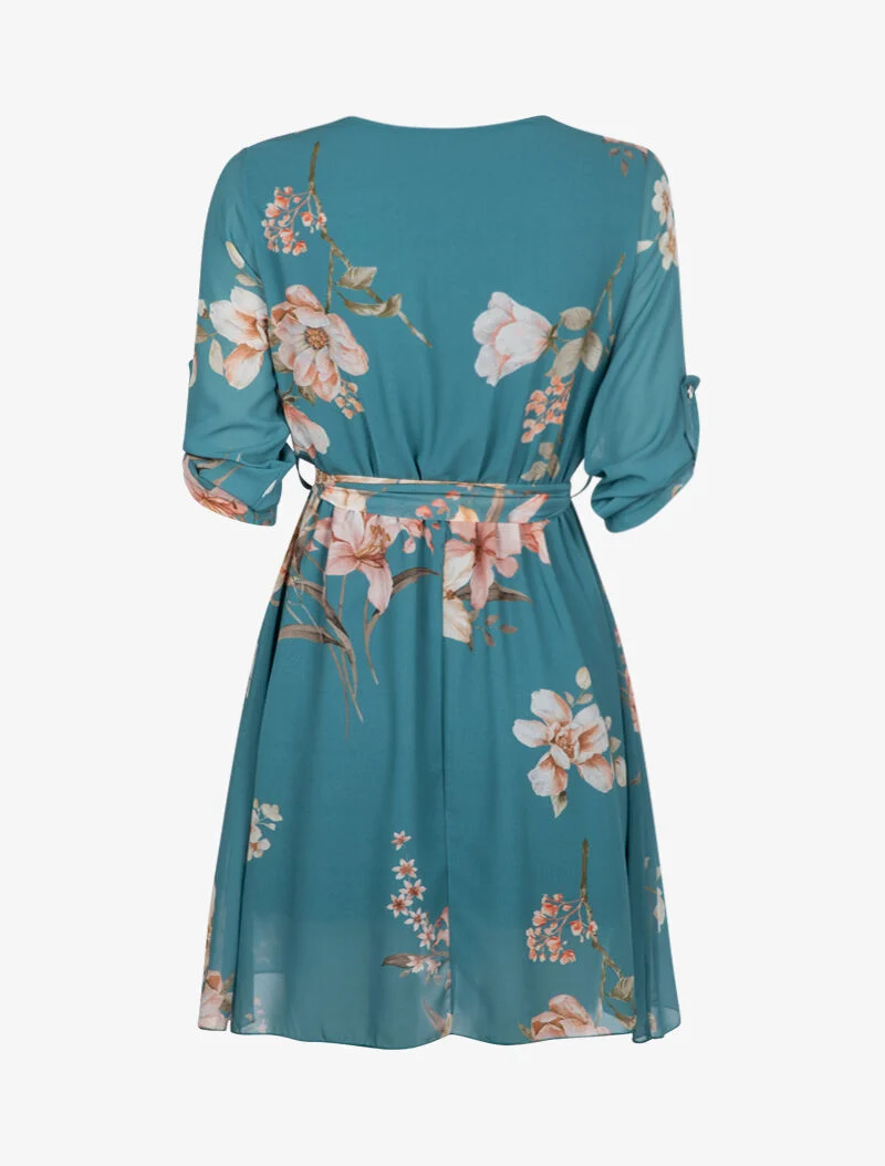 Wickelkleid mit Frühlingsmuster - Türkis
